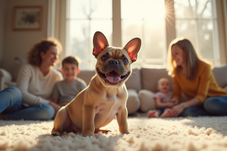 Chiot bulldog français heureux avec famille dans le salon