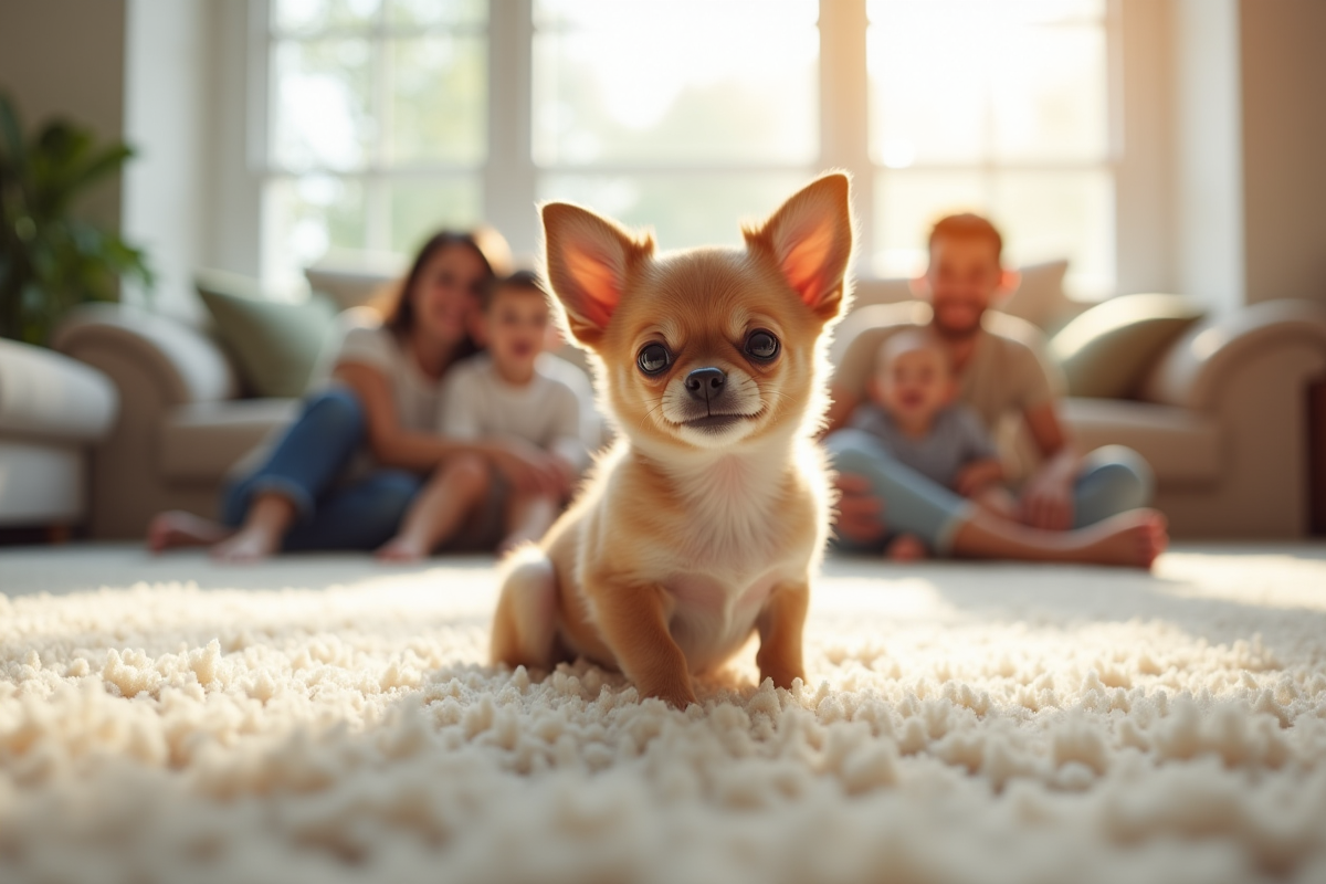Chiot chihuahua dans un salon lumineux avec famille