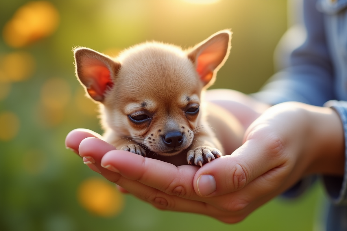 Chiot chihuahua dans les mains d’un enfant en jardin