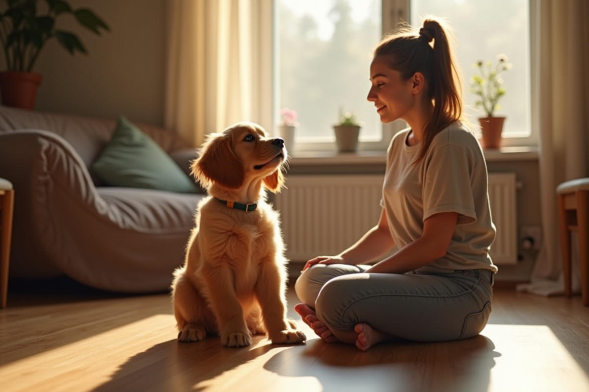 Chiot cocker spaniel regardant en hauteur dans un salon lumineux
