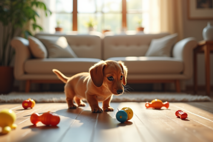 Chiot dachshund jouant dans un salon cosy ensoleille