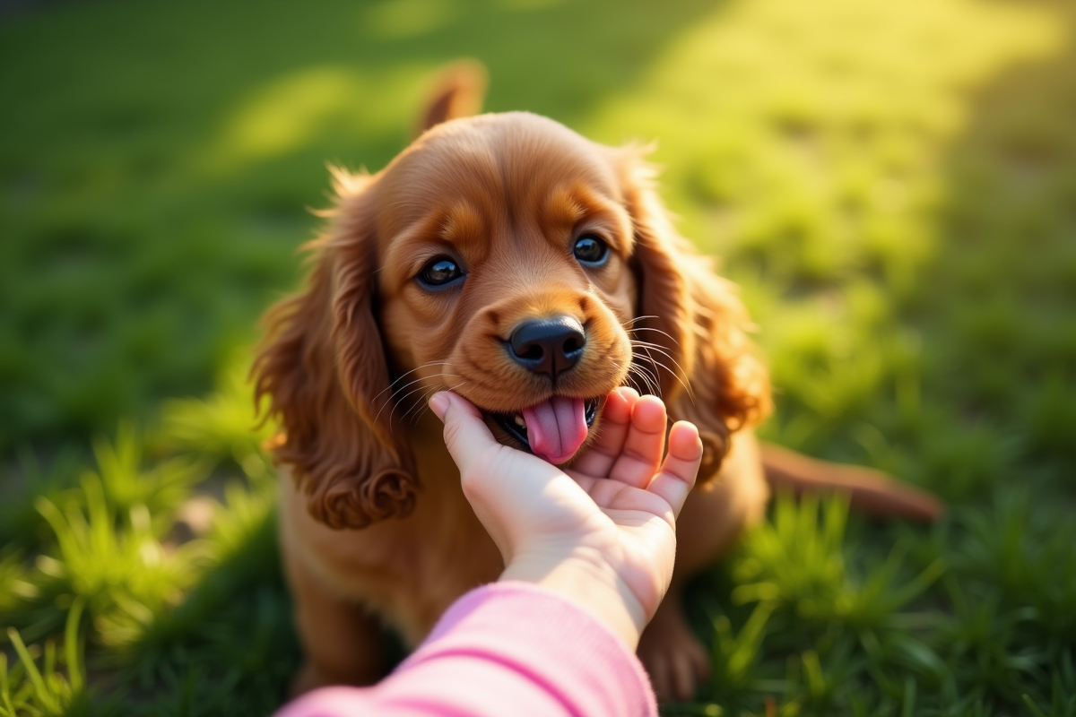 Chiot cocker spaniel léchant la main d