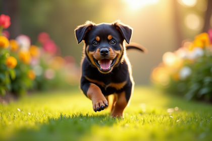 Chiot rottweiler joueur dans un jardin ensoleille
