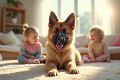 Chiot berger allemand jouant avec des enfants dans un salon lumineux