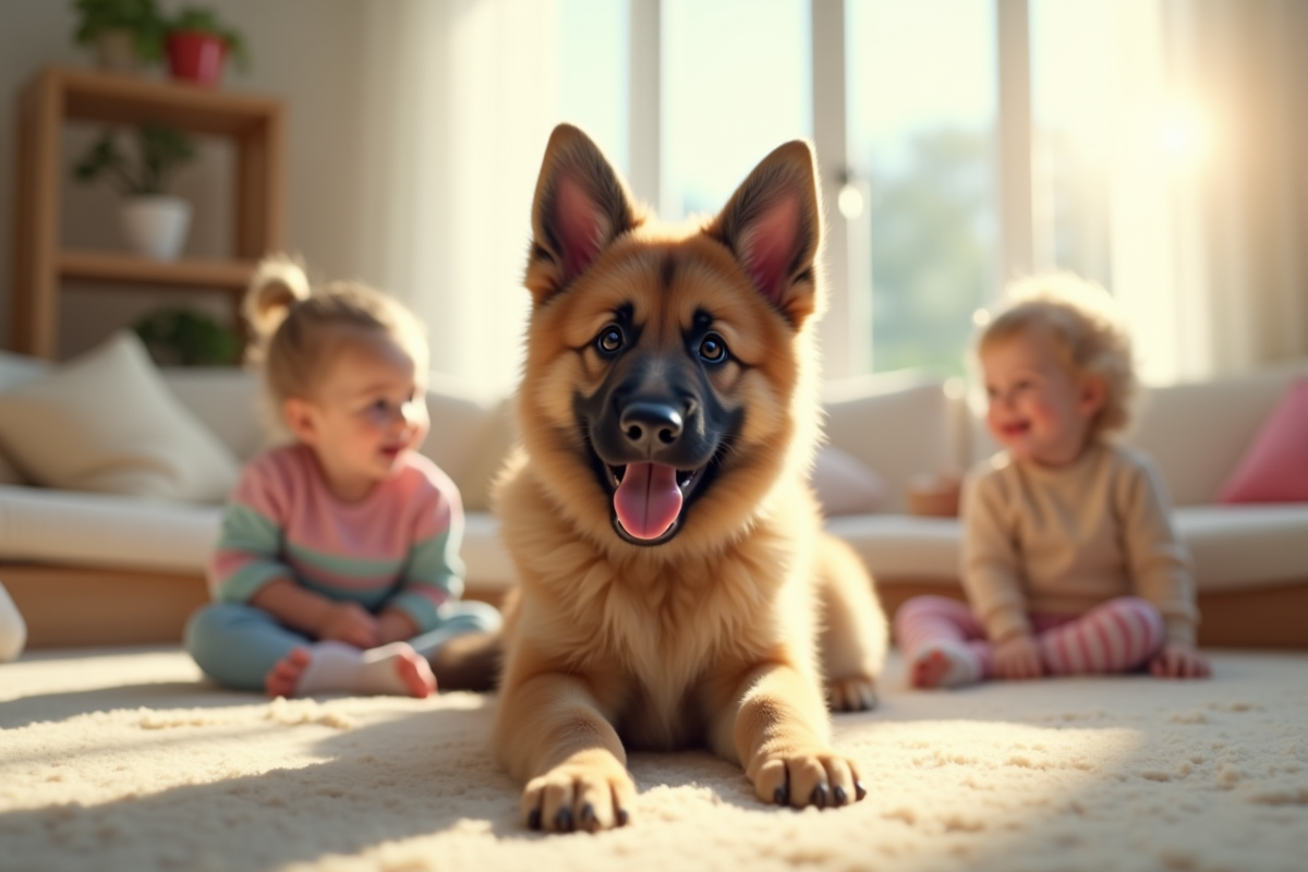 Chiot berger allemand jouant avec des enfants dans un salon lumineux