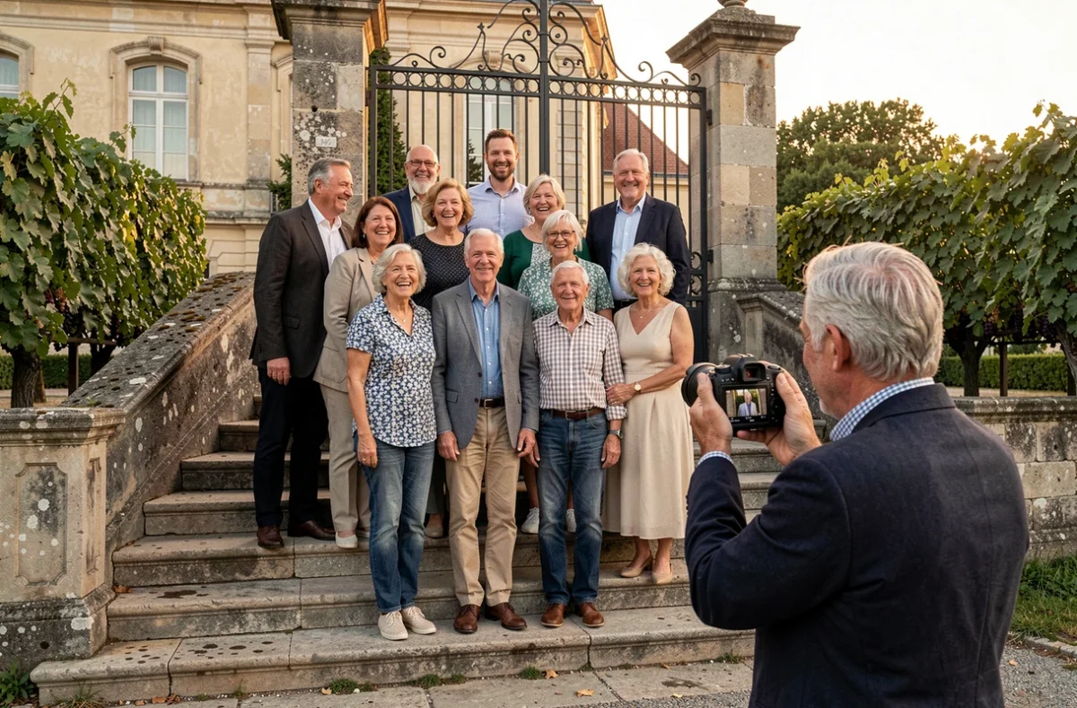 Christophe Boury photographiant une famille élargie devant un domaine viticole en Gironde