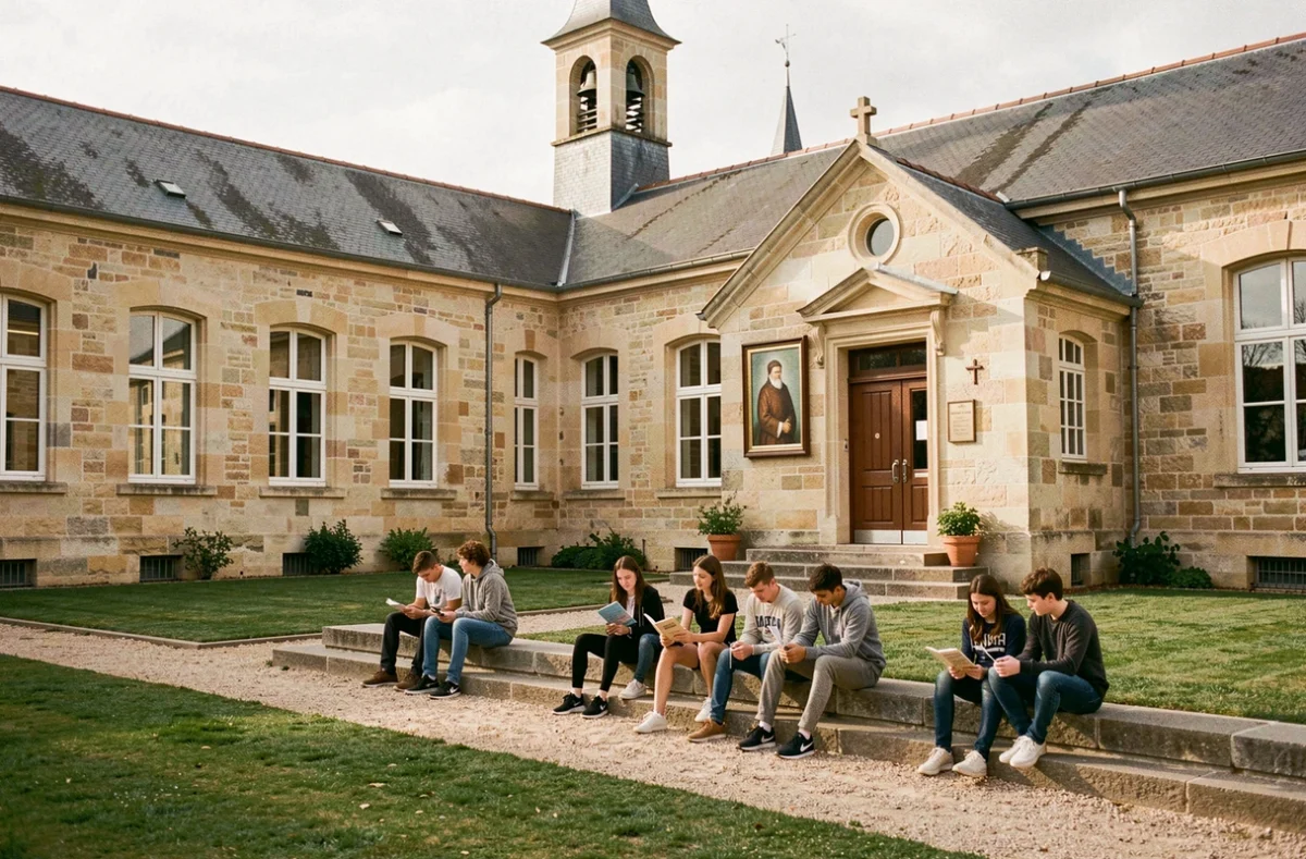 Extérieur du collège Saint Padre Pio avec chapelle visible et élèves dans la cour