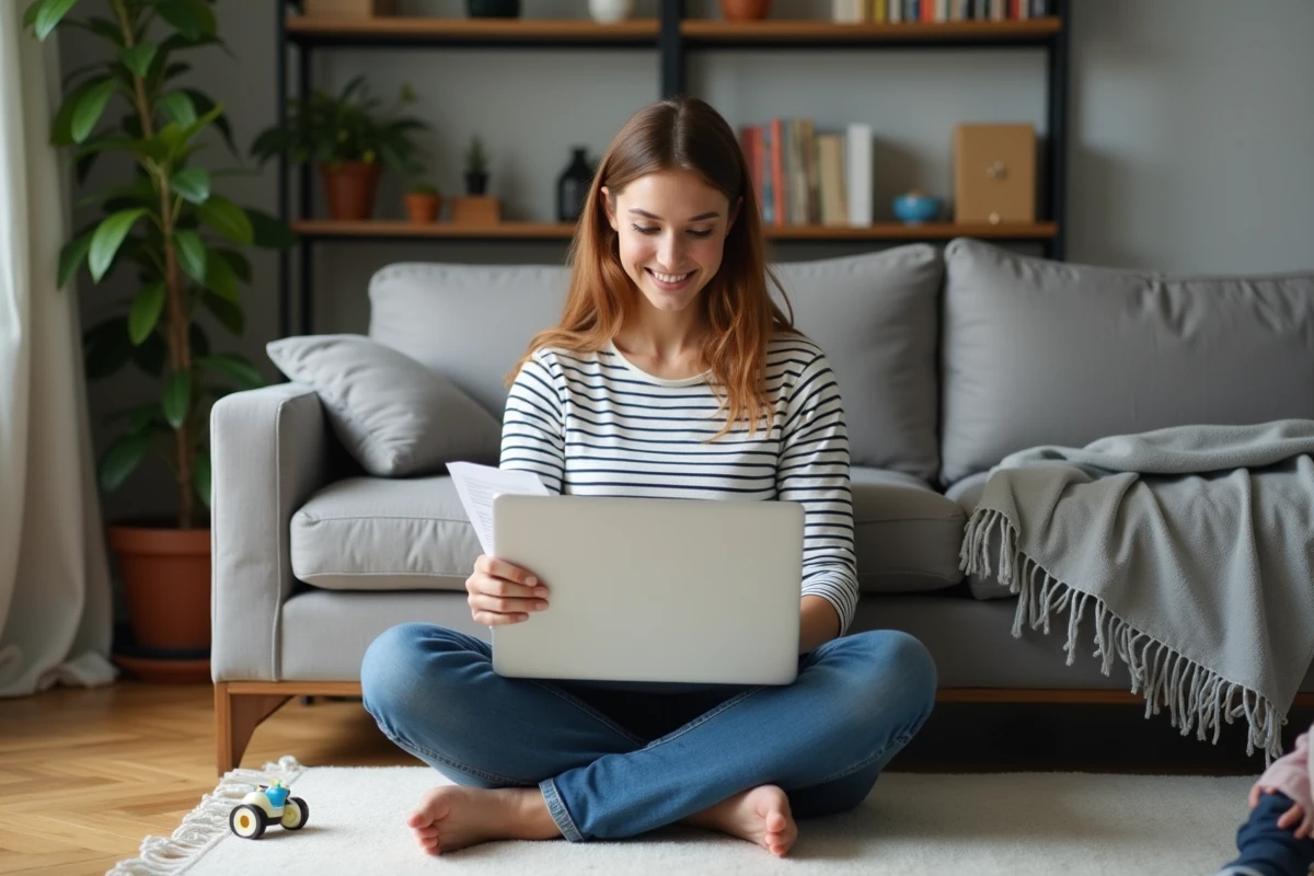 Nounou ou employeur consultant un bulletin de salaire sur ordinateur portable dans un salon parisien moderne