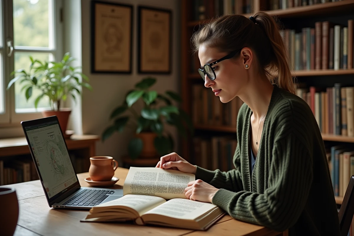 Jeune femme consultant un livre d'héraldique et une base de données généalogique pour identifier l'ancienne noblesse de son patronyme