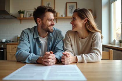 Jeune couple regardant des papiers d'adoption sur la table