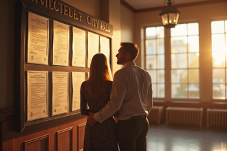 Couple devant un tableau d'affichage à la mairie pour annonces de mariage