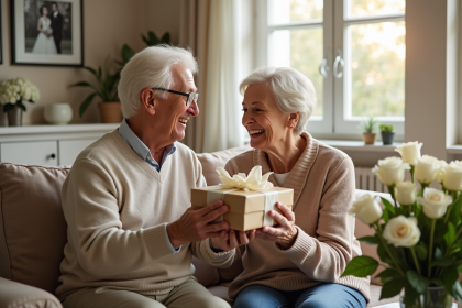 Couple d'ainés échangeant un cadeau dans un salon lumineux