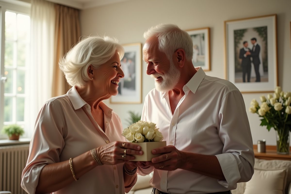 Couple d'anciens souriants échangeant des cadeaux pour leur 30e anniversaire