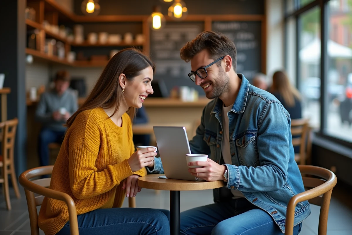 Couple attablé dans un café urbain, consultant ensemble une application de compatibilité amoureuse et professionnelle sur une tablette