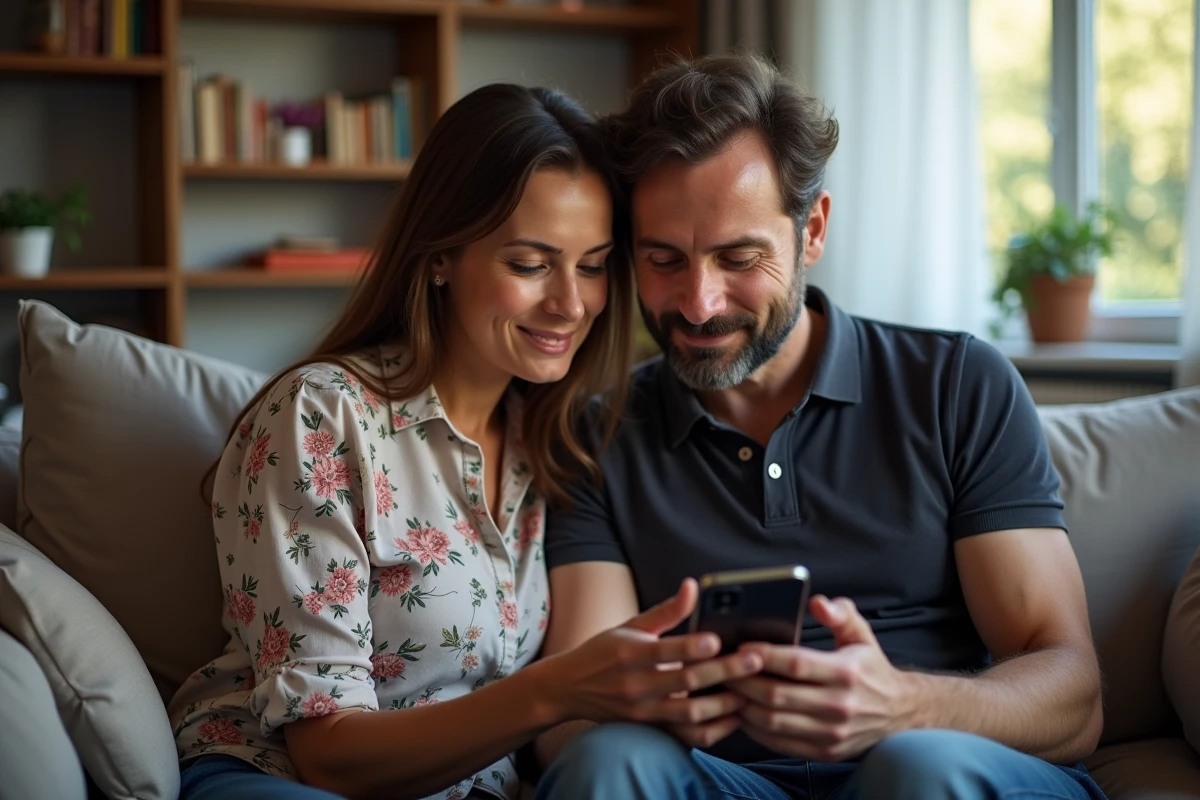 Couple consultant le site de la CAF sur smartphone pour résoudre un problème d'allocations familiales interrompues