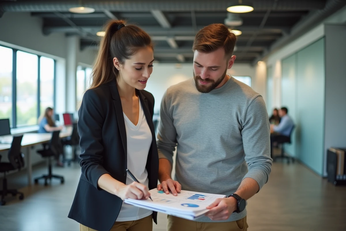 Couple debout dans un espace de coworking moderne, discutant de leur projet d'entreprise commun avec des documents et un carnet