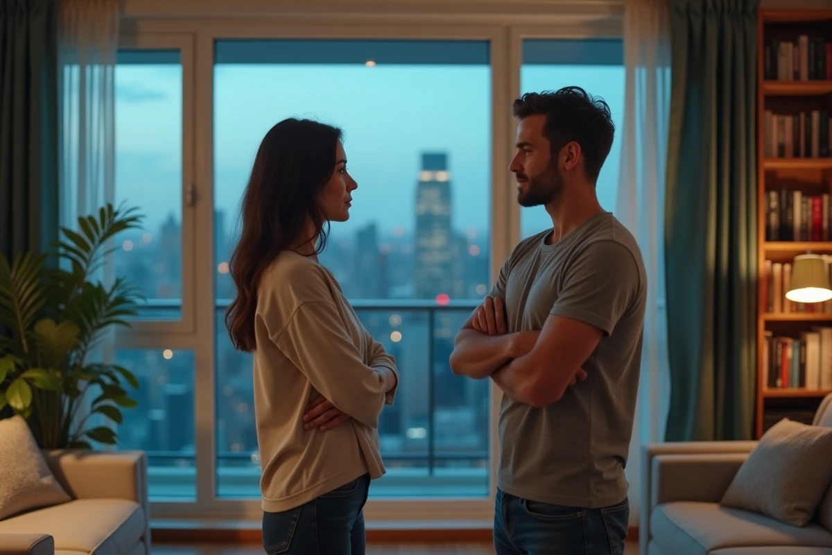 Couple en tension dans un appartement moderne, la femme détournée et l'homme cherchant à s'expliquer, illustrant une crise de confiance liée à l'infidélité masculine