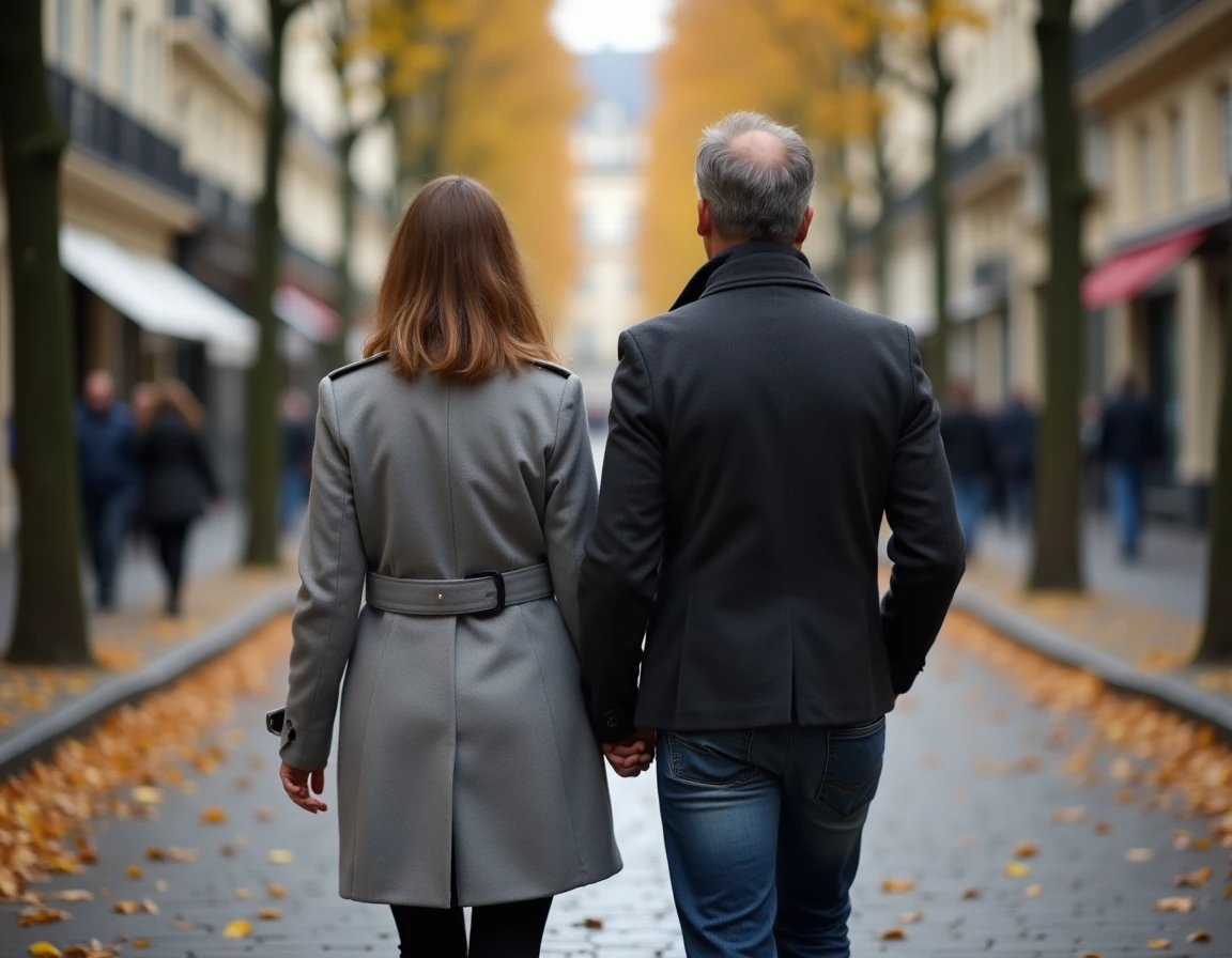 Couple discret marchant de dos dans une rue parisienne en automne, illustrant le choix de vie priv&eacute;e loin des m&eacute;dias