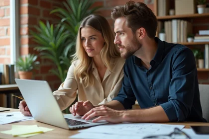 Couple d'entrepreneurs assis ensemble devant un ordinateur portable dans un bureau à domicile, explorant un site de compatibilité amoureuse et professionnelle