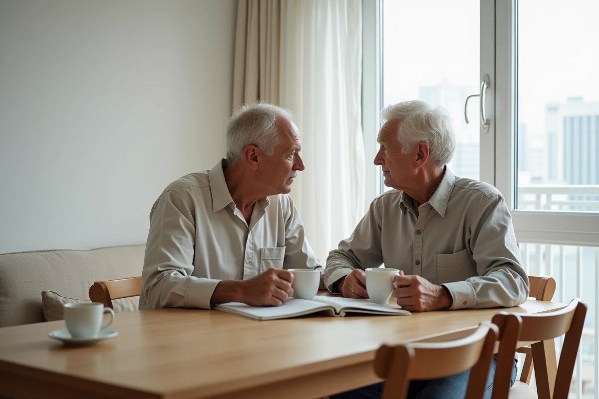 Couple d'expatriés partageant un moment silencieux dans un appartement à l'étranger, atmosphère intimiste et réaliste