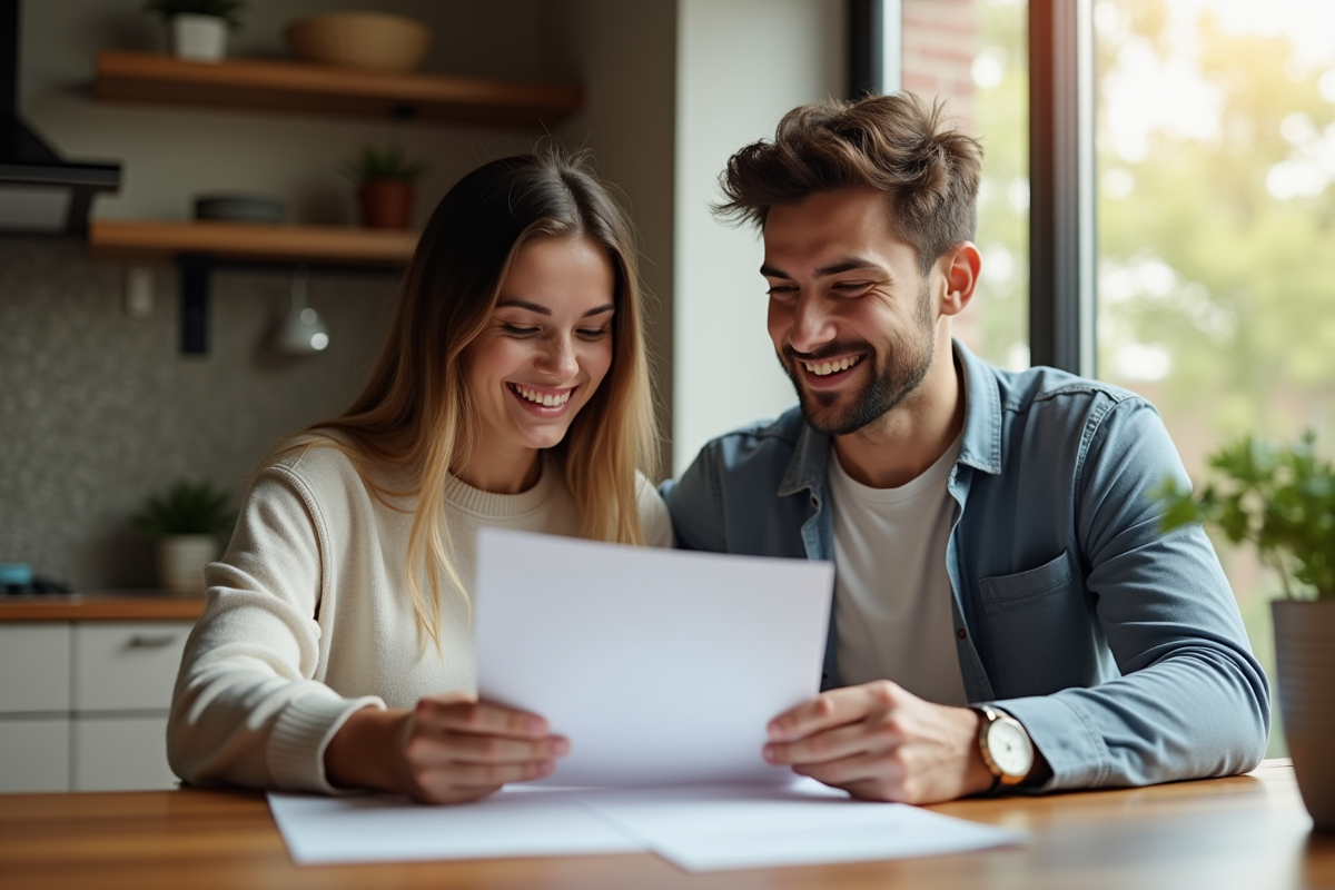 Couple souriant lisant des documents juridiques à la maison