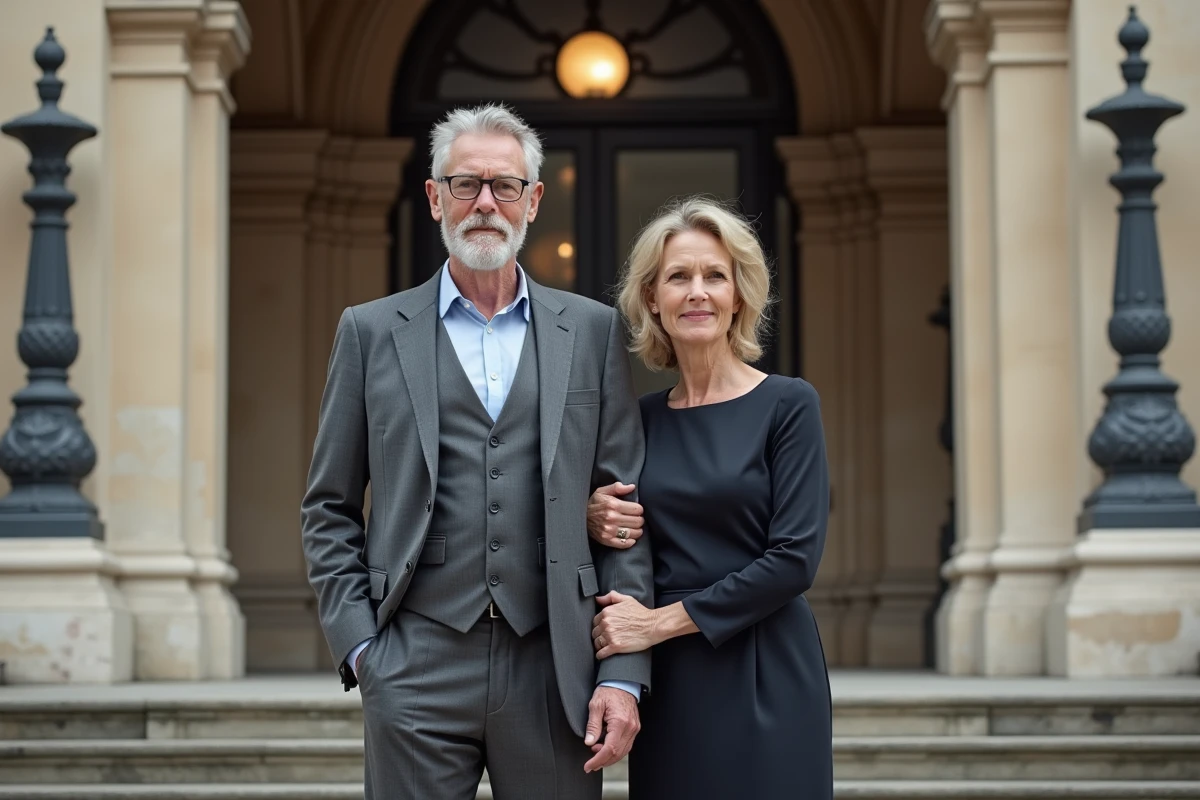 Couple élégant devant un monument parisien, évoquant la relation entre Maryse Burgot et son mari Jonathan Halls lors d'une sortie culturelle