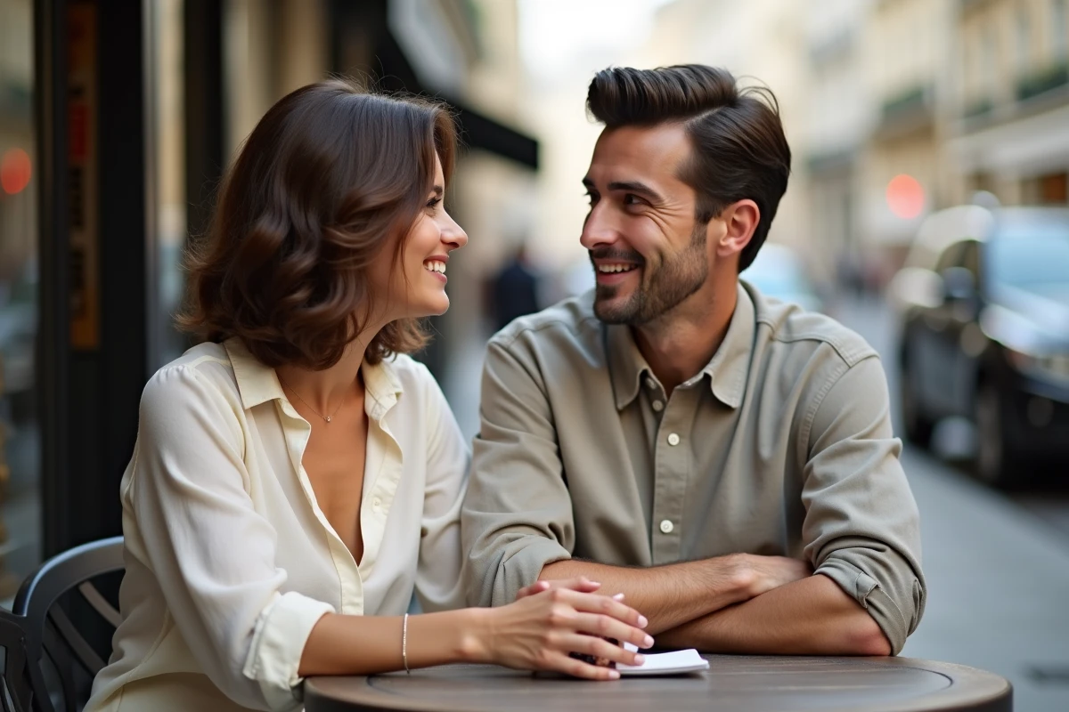 Couple complice attablé en terrasse de café parisien, illustrant les déclarations publiques d'un couple médiatique comme Cyril Féraud et sa femme