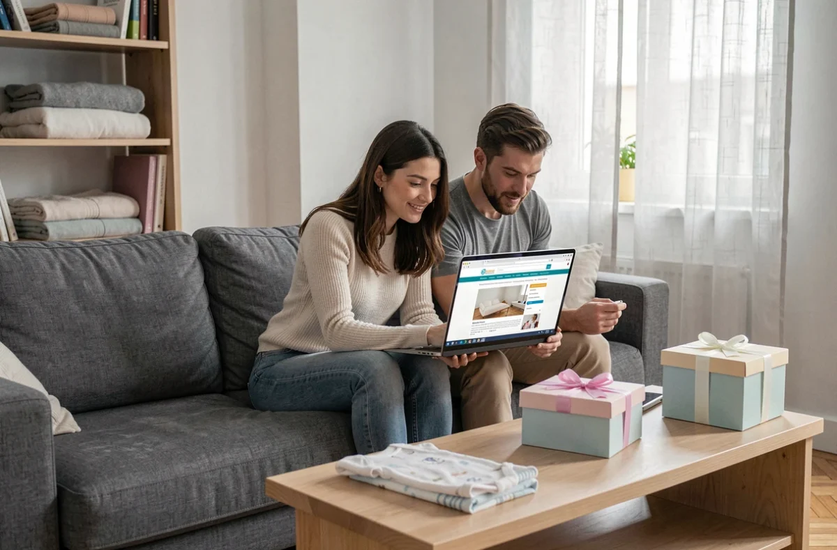 Couple de jeunes parents consultant le site de la CAF sur un ordinateur portable entouré d'affaires de bébé, symbolisant la démarche pour obtenir la prime et le coffret naissance