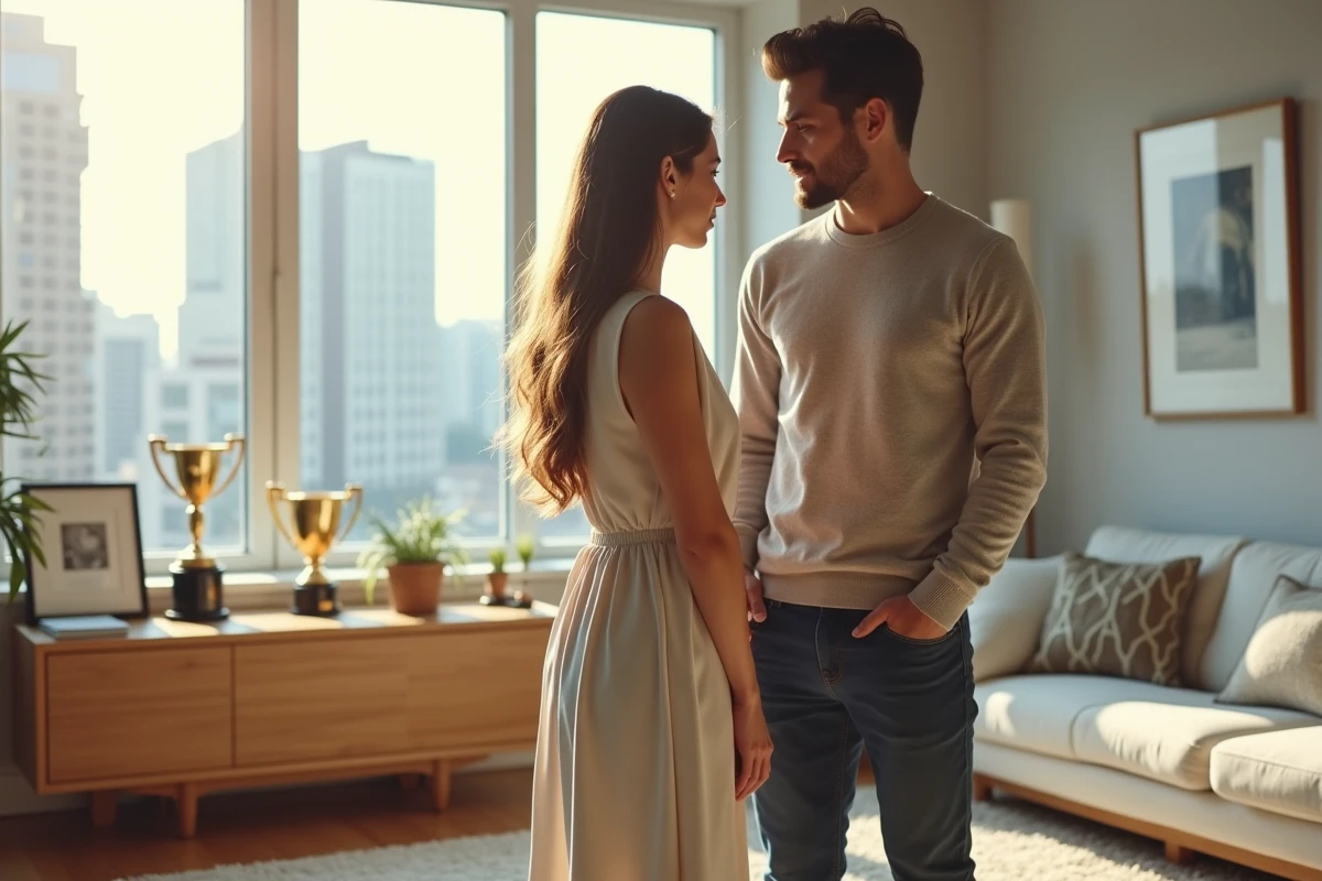 Jeune couple professionnel regardant des trophées dans un salon moderne