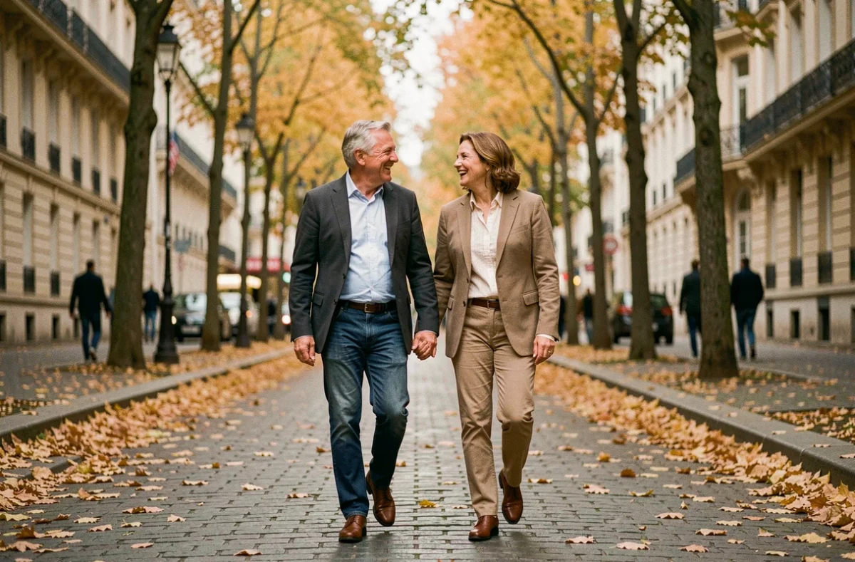 Couple élégant marchant côte à côte dans une rue parisienne en automne, partageant un moment complice et discret