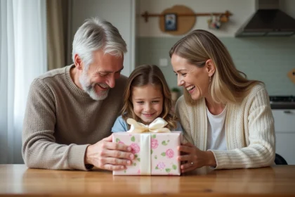 Couple souriant recevant un cadeau surprise en famille