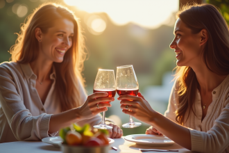 Couple souriant partageant un toast en plein jour