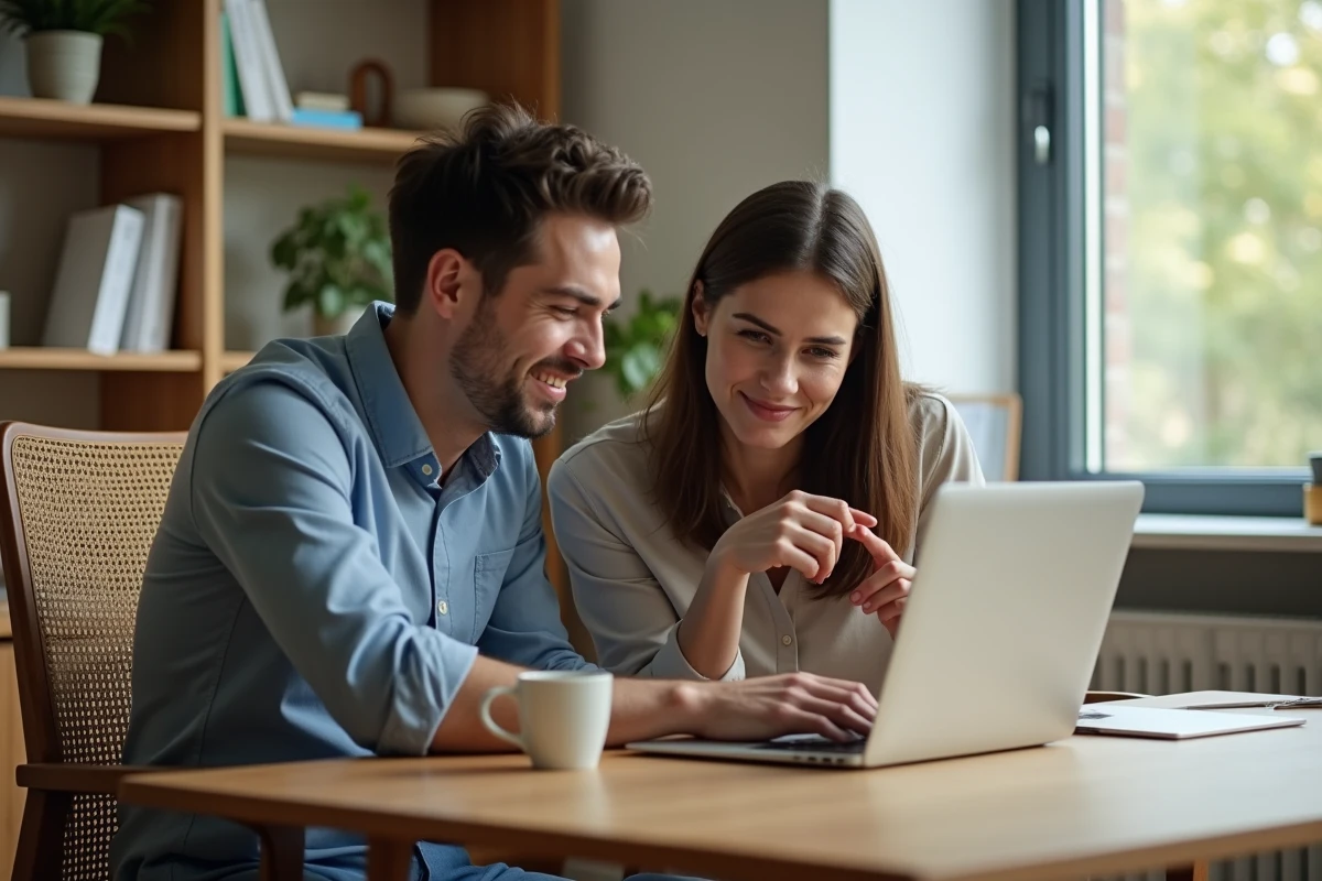 Couple en discussion devant un ordinateur dans un bureau