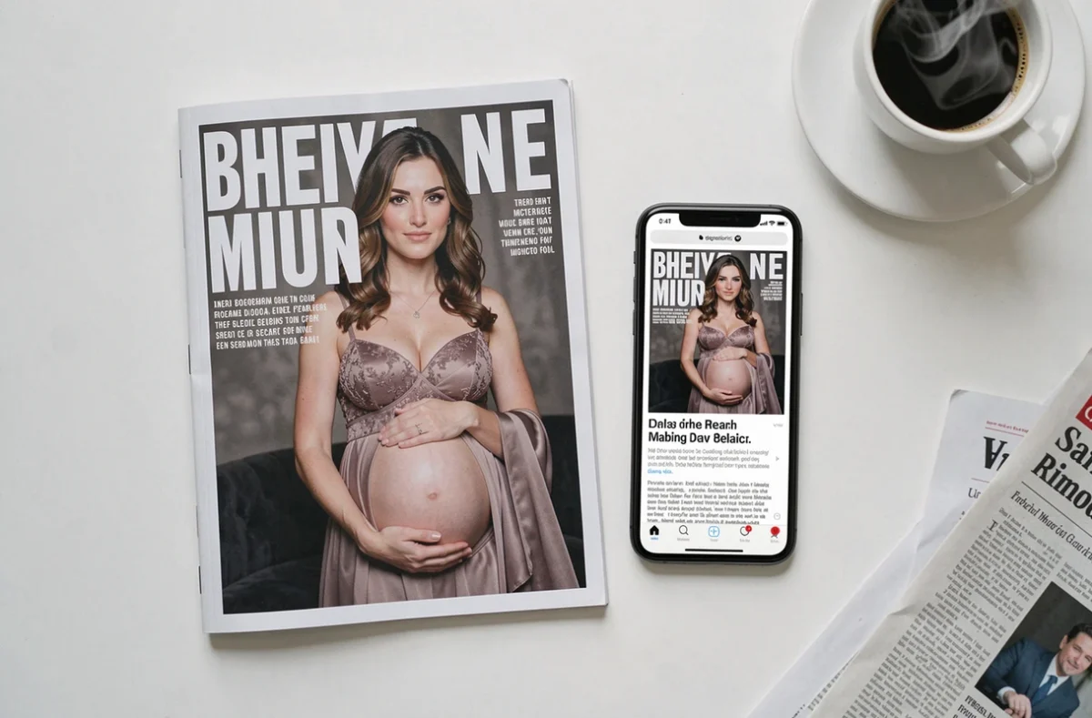 Magazine et smartphone sur un bureau montrant la couverture médiatique d'une grossesse, chronologie des révélations presse
