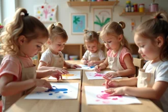 Enfants en crèche réalisant des empreintes de mains colorées pour la fête des mères autour d'une table en bois