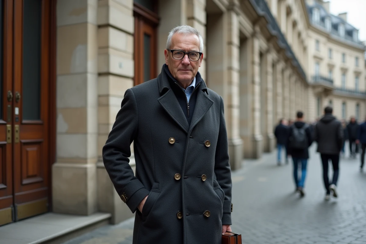 Expert criminologue devant un bâtiment institutionnel parisien en pierre, tenant une mallette en cuir, dans un quartier haussmannien