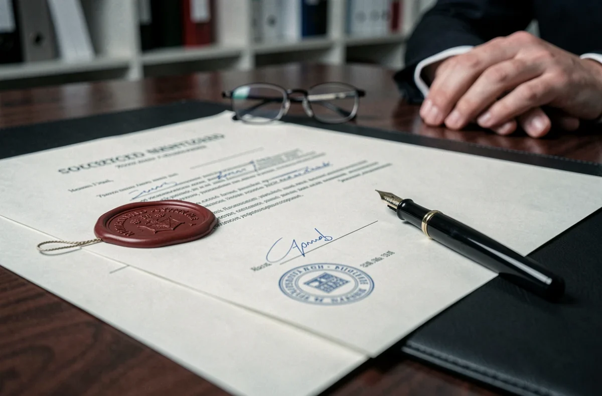 Gros plan d'une procuration notariale avec cachet officiel et signature sur un bureau de notaire