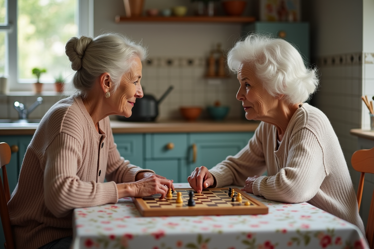 Deux femmes âgées jouant à un jeu de société dans une cuisine lumineuse