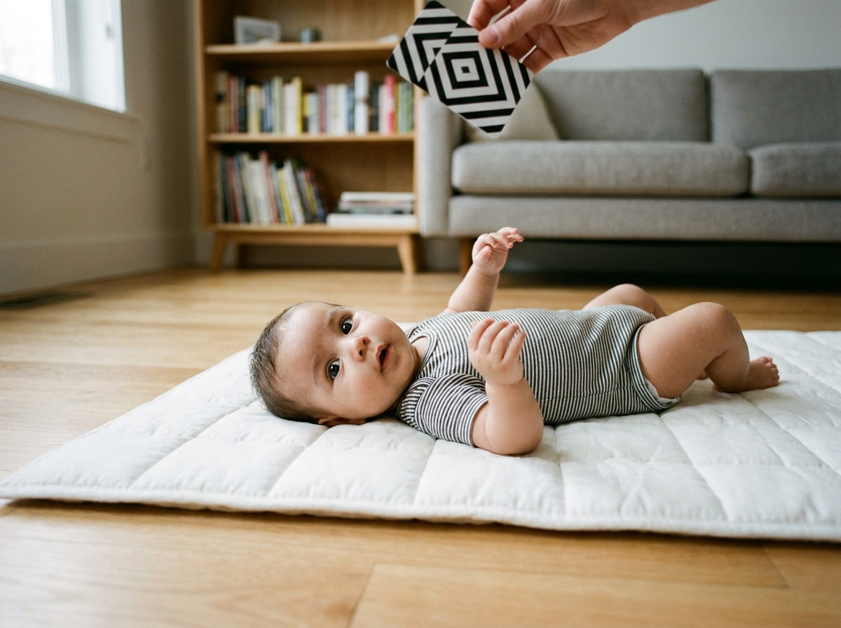 Bébé de quatre mois regardant une carte à contraste élevé pour stimuler le développement visuel et la mise au point oculaire