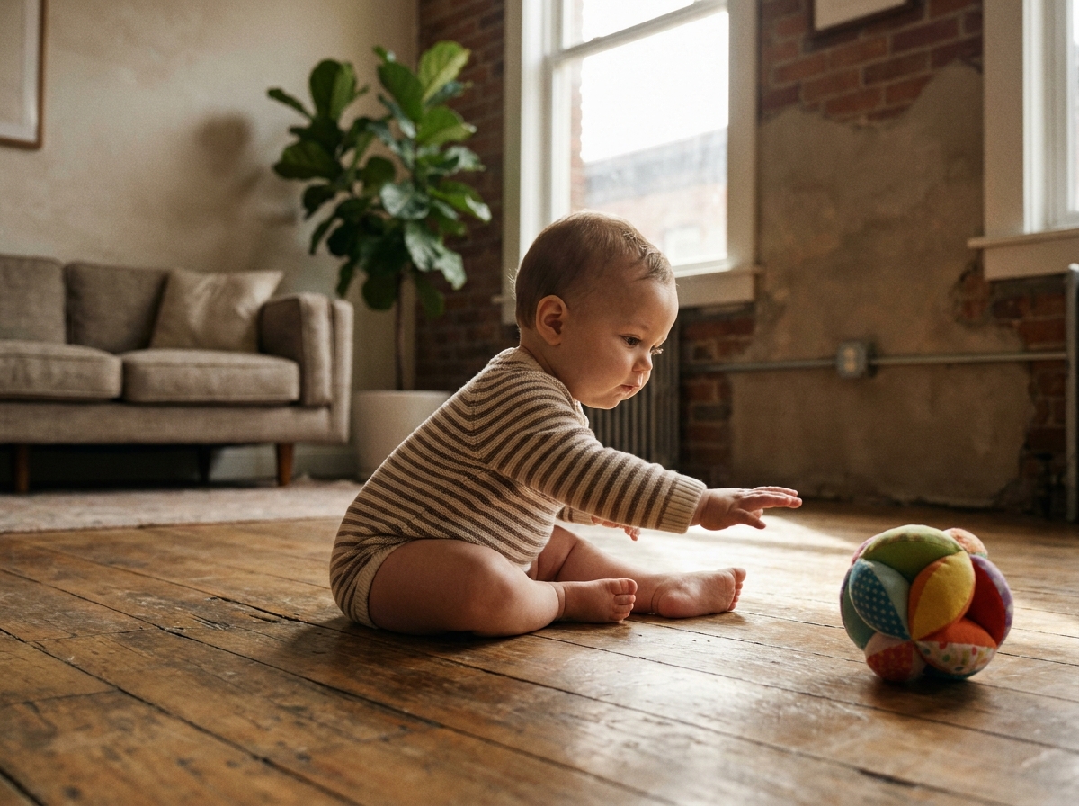 Bébé de neuf mois concentré sur un jouet coloré, illustrant le développement de la coordination visuelle et de la perception des distances