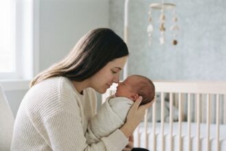 Mère tenant son nouveau-né très près de son visage pour stimuler la vision du bébé dans les premiers jours de vie