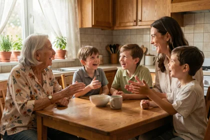 Grand-mère, mère et enfants discutant ouvertement autour d'une table de cuisine, illustrant le dialogue intergénérationnel sur les questions familiales naturelles