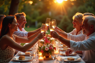Repas familial élégant en extérieur dans un jardin fleuri