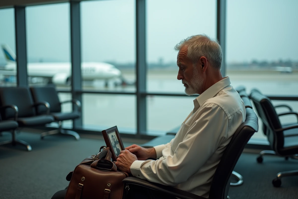 Homme seul dans un aéroport avec mallette en cuir, regard introspectif évoquant les sacrifices des missions diplomatiques à l'étranger