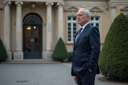 Diplomate français en costume marine devant une ambassade européenne, regard pensif sur fond d'architecture classique