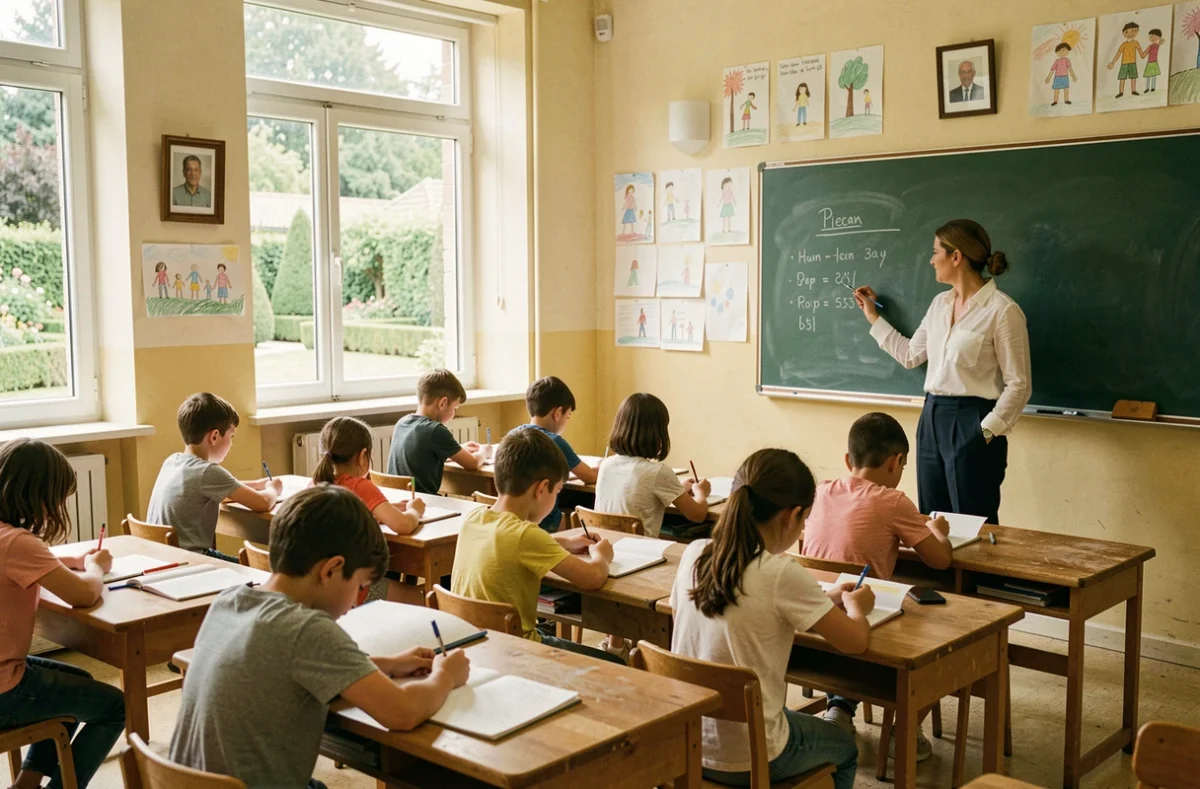 Salle de classe de l'école primaire privée Albert de Mun avec enseignante et élèves en cours
