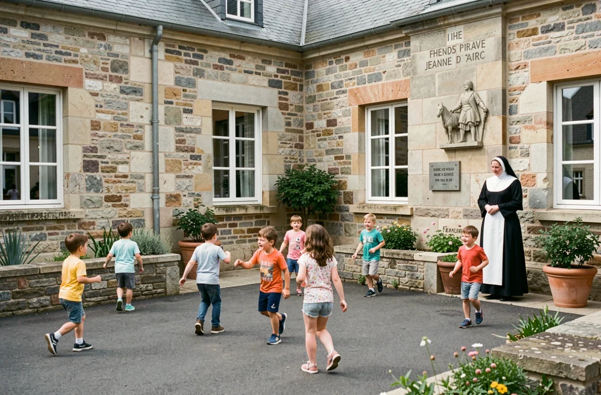 Cour de récréation de l'école primaire privée Jeanne d'Arc avec élèves jouant sous la surveillance d'une religieuse