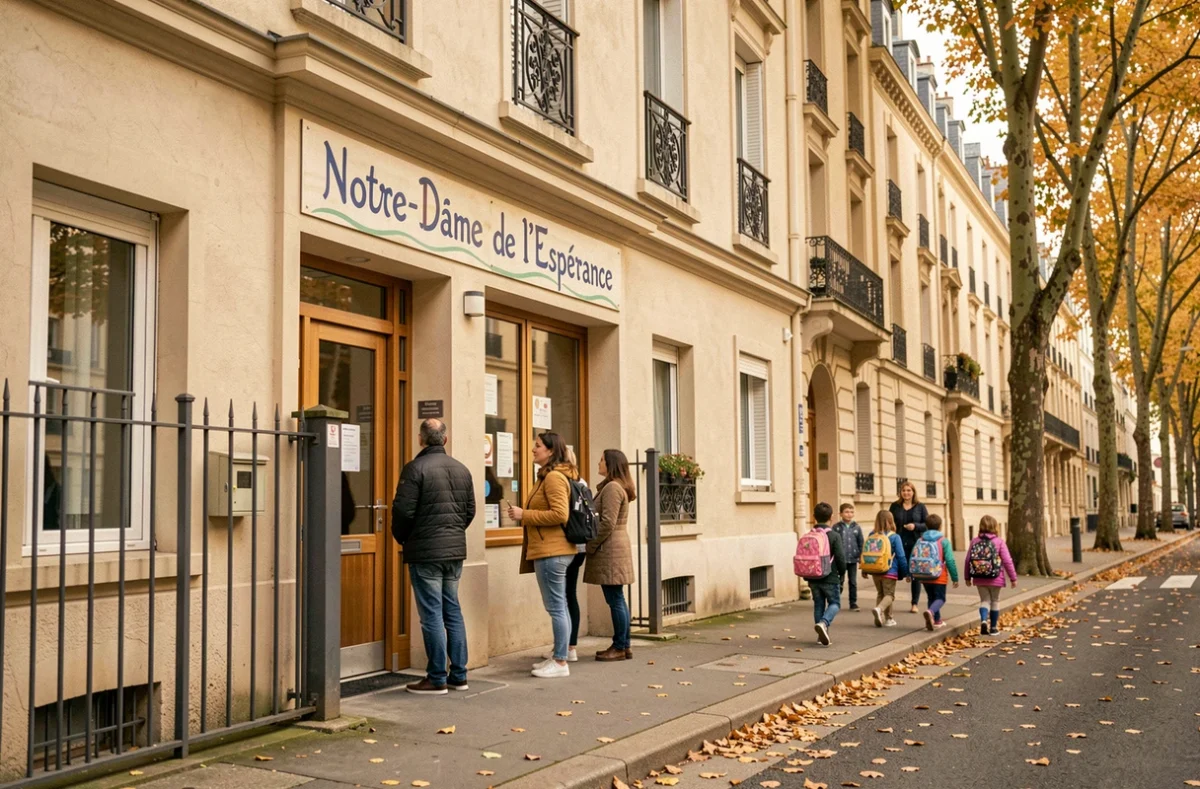 Façade de l'école primaire privée Notre-Dame de l'Espérance à la sortie des classes avec parents et enfants