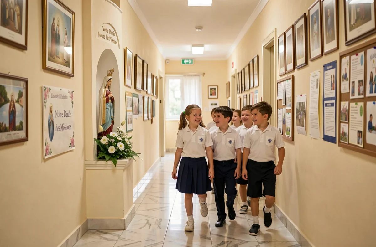 Couloir d'entrée de l'école primaire privée Institut Notre Dame des Missions Saint Pierre avec statue et élèves en uniforme