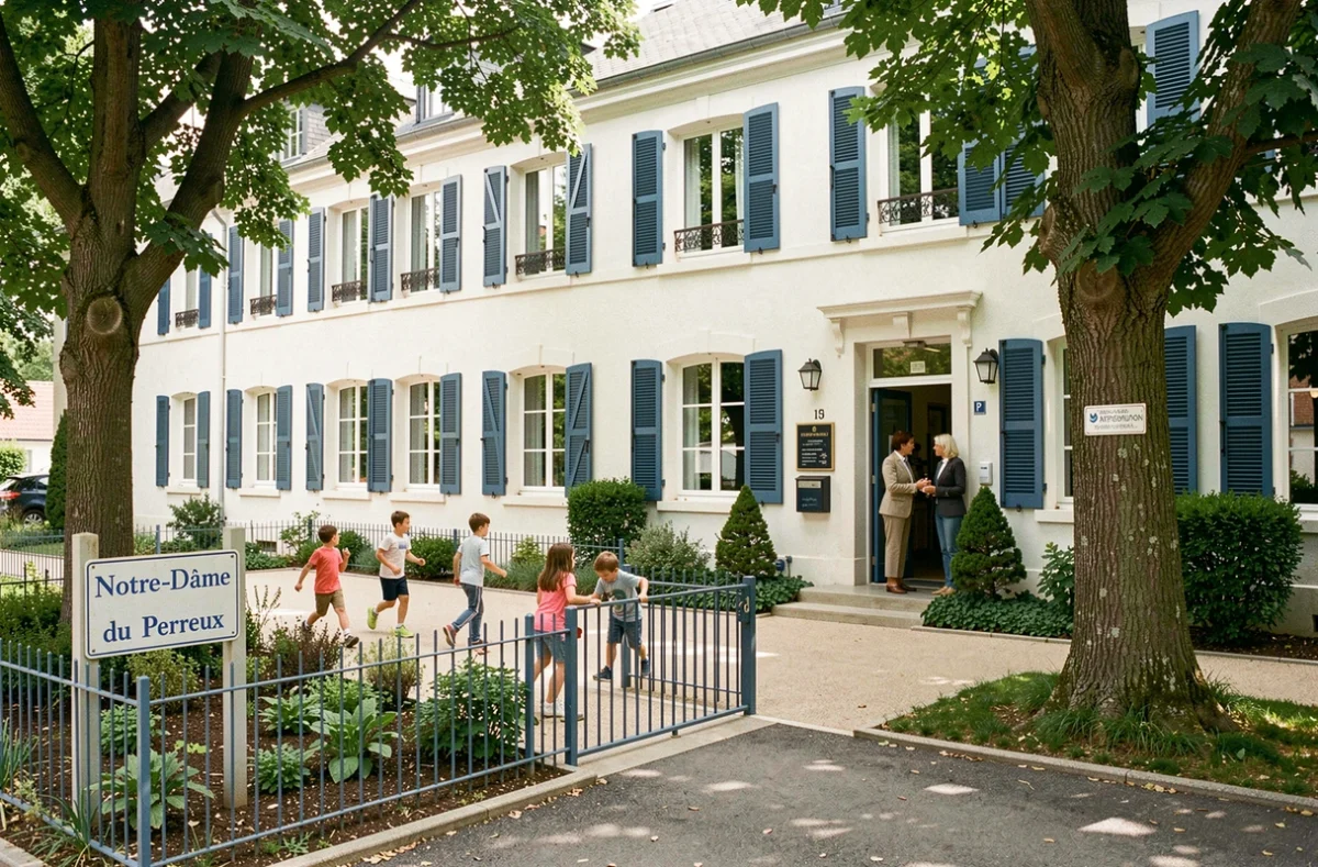 Façade de l'école primaire privée Notre-Dame du Perreux avec jardin clôturé et élèves dans la cour